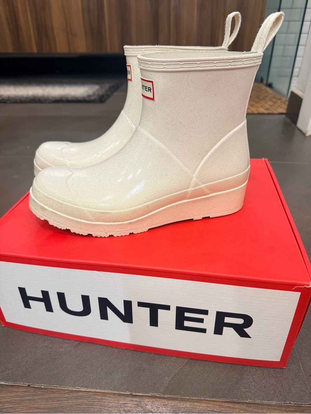 Hunter play short Cream Glitter Short Rain Boots sz 8 - Picture 2 of 7
